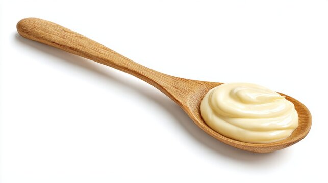 Creamy mayonnaise swirl on wooden spoon isolated on white background