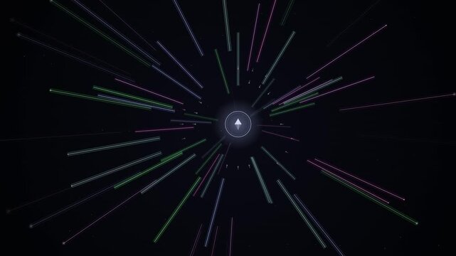 Colorful light trails radiate from a central point in a looping animated background.