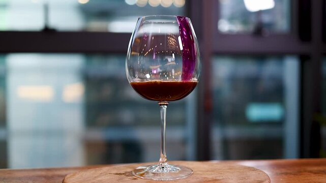 Glass of red wine on a bar counter by a window
