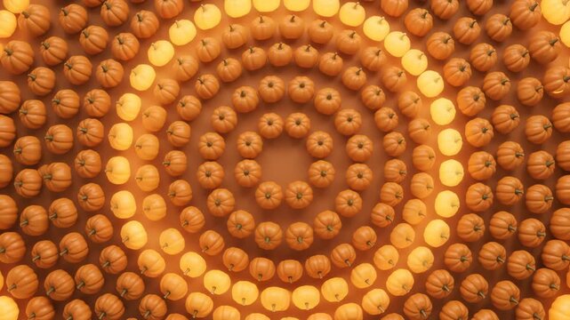 Glowing autumn pumpkins spinning in concentric circles forming a vibrant seasonal pattern