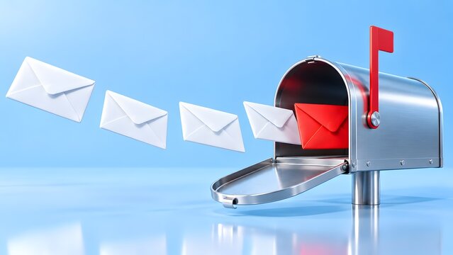 Incoming mail concept with priority red envelope inside open silver mailbox with floating letters