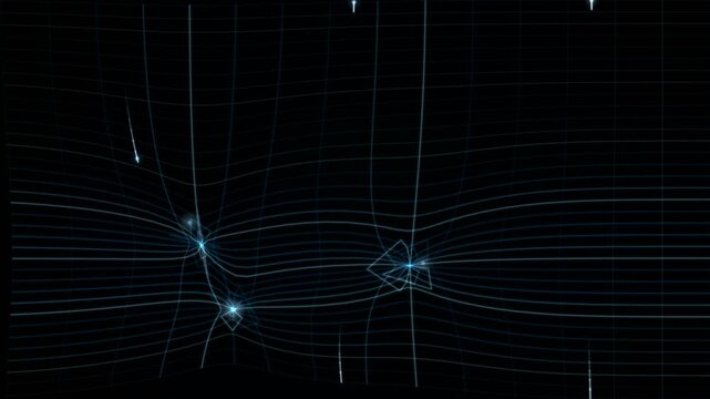 Glowing cyan nodes intersecting within a distorted black grid to form an abstract digital network loop background.