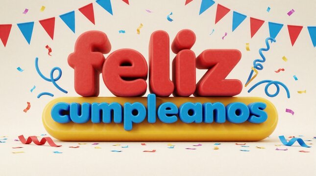 Playful 3D render of Feliz Cumpleanos text. Bright red, blue lettering on yellow base with colorful confetti, bunting flags. Festive typography design for happy birthday celebration greeting card