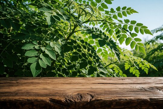 Empty rustic wood table background with green moringa leaves. Natural wooden surface for product display in front of rich drumstick tree foliage. Organic botanical scene ideal for eco cosmetics,