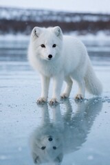 Fototapeta premium Arctic fox with white fur stands on frozen lake ice. Its reflection appears on the smooth ice surface. Snowy landscape forms the background for this cold wild animal.