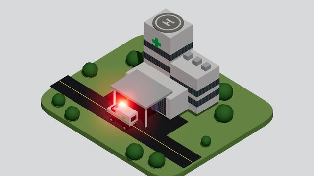 An ultra-detailed, flawlessly framed 3D isometric animation of a modern clinical hospital building. 