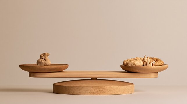 Wooden balance scale weighing money bag against family