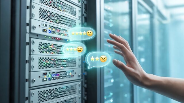 Close Up of Colocation Server Rack with Holographic Customer Satisfaction Feedback Interface