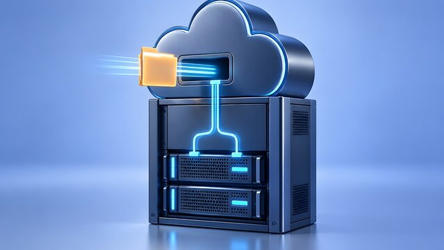 3d illustration of a data folder being uploaded to a cloud computing symbol connected to a server rack representing digital backup and network storage