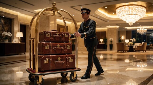 Pro hotel bellhop pushes gold luggage cart with brown leather suitcases in luxury resort lobby. Uniformed staff member provides concierge service for guests arrival. Elegant hotel interior with large