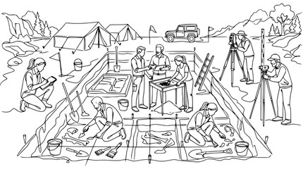 Fototapeta premium Archaeological Dig Site with Team Excavating Artifacts