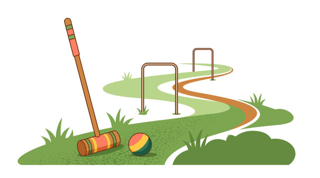Croquet Game Set on Winding Path with Hoops and Ball