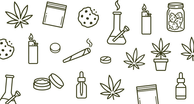 Cannabis culture line icons set, marijuana leaf and smoking accessories vector, hemp products and medical weed dispensary graphics