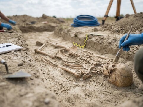 Archaeological Dig Uncovers Ancient Human Skeleton Being Gently Cleaned