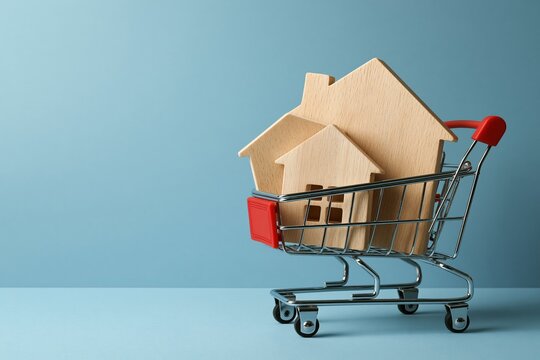 miniature wooden houses inside metal shopping cart