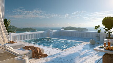 Obraz premium Luxury terrace pool overlooking ocean and islands