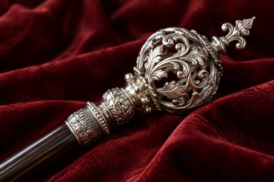 An ornate ceremonial staff with silver scrollwork finial on red velvet fabric.