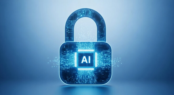 Futuristic glowing digital padlock with embedded AI symbol, representing advanced artificial intelligence safeguarding sensitive data and ensuring cyber privacy in a connected world