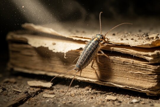 Silverfish insect crawls on old dusty books in dark attic. Small pest moves near vintage paper pages. Household bug damage library collection in basement storage. Macro shot shows crawling silverfish