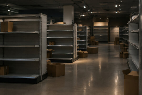 Empty retail shelves with cardboard boxes in closed store, divest and liquidation concept