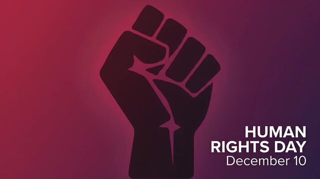 Human Rights Day on December 10 featuring a raised fist silhouette symbol over a red and purple gradient background representing social justice, freedom, and equality advocacy.