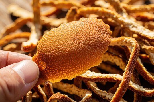 Hand holds dried tangerine peel from Xinhui in China. Close up of golden mandarin orange skin texture. Natural sun dried citrus peel for traditional Chinese medicine, healthy food cooking. Dried