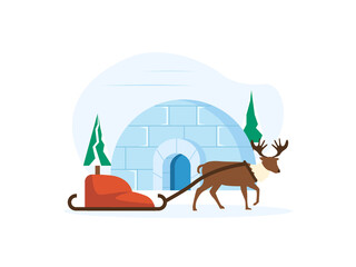 A reindeer pulling a red sleigh or sled, and two green pine trees against a light blue backdrop. Greenland illustrations. Flat vector concepts. © roundsquid