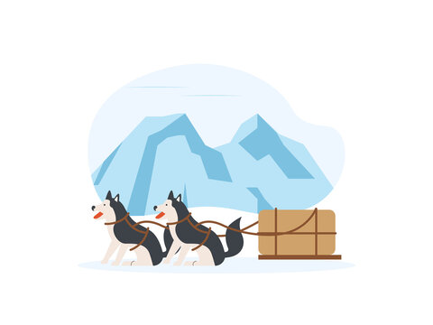 Two Siberian Huskies pull a loaded wooden sled across a snowy mountain landscape. Greenland illustrations. Flat vector concepts.