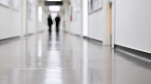 Silhouettes walking down long hospital corridor