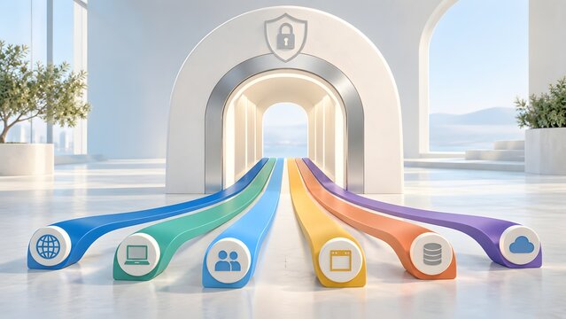 Bright modern tunnel entrance with a security shield and padlock, featuring colorful pathways connecting internet, computing, user, and cloud icons for safe digital access.