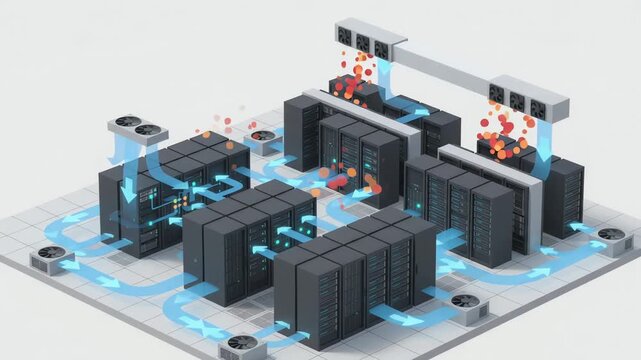 Isometric 3d Animation Showing Server Room Cooling System With Blue Air Flow Arrows