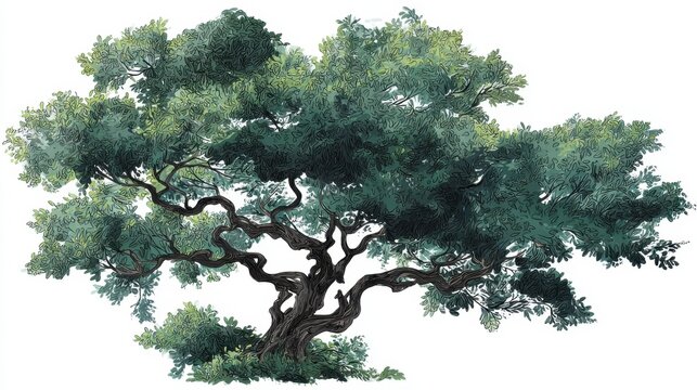 Ancient gnarled tree with lush green canopy, illustrated art style