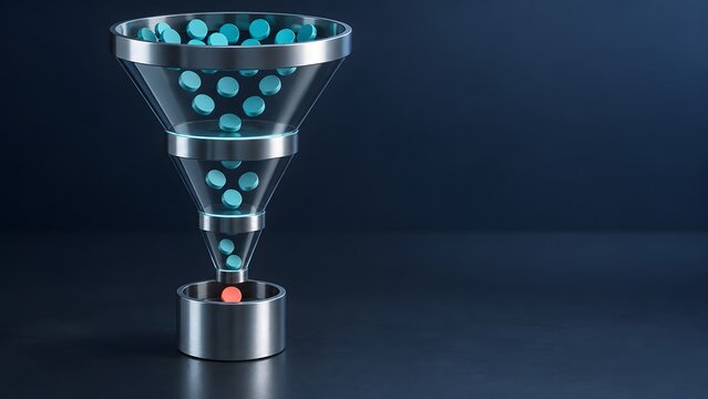 Glass and metal business funnel processing cyan disks to extract a single glowing red element, illustrating data filtering, sales conversion, and targeted marketing strategy.