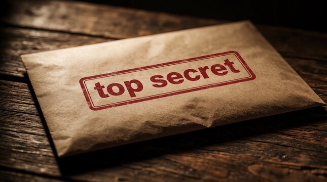 Brown paper envelope with red top secret stamp on rustic wooden table. Classified documents implies espionage investigation or confidential information. Top secret folder lays on old desk.