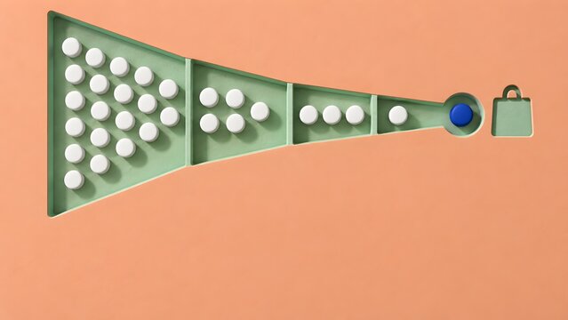 Modern flat lay sales funnel concept converting white dots into a blue target leading to a shopping bag, symbolizing e-commerce conversion and online marketing strategy.