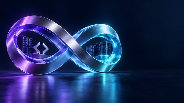 Futuristic infinity symbol with server racks and coding brackets illuminated in neon blue and purple, representing DevOps, continuous integration, and software development.