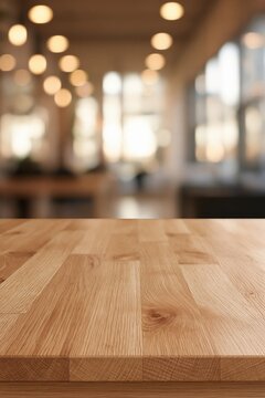 empty wooden table surface with blurred cafe background