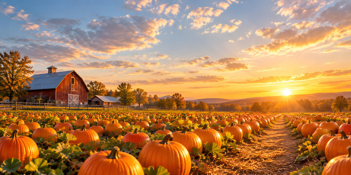 Golden Sunset Over Pumpkin Patch with Rustic Red Barn