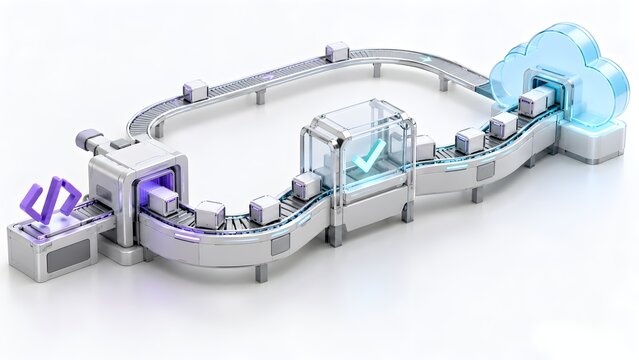 3D isometric automated conveyor belt converting code into packages delivered to a cloud, symbolizing DevOps pipeline, continuous integration, and cloud computing software deployment.