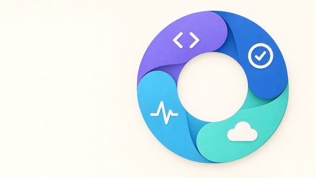 Circular DevOps lifecycle diagram with code, checkmark, cloud, and monitoring icons, illustrating continuous integration, agile software development process, and deployment flow.