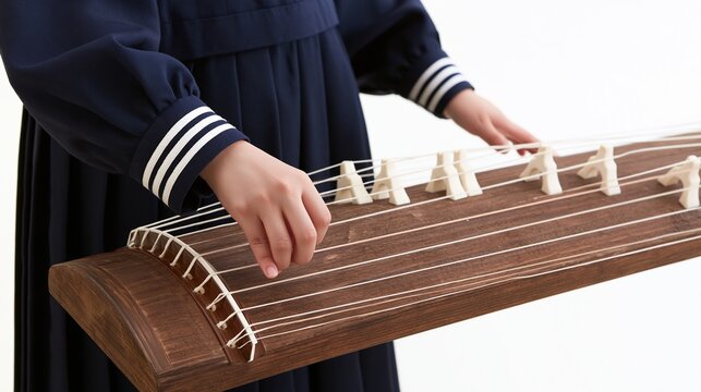 Woman playing traditional wooden zither instrument
