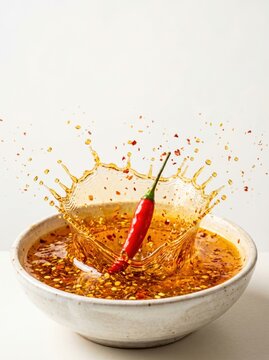 Fresh red hot chili pepper splashing into ceramic bowl spicy oil creating dynamic golden crown liquid splash scattered red chili flakes seeds isolated clean white studio background view culinary