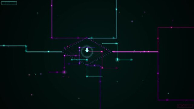 Neon circuit pathways converge on a glowing node in a seamless looping background overlay