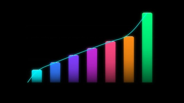 Animated neon bar chart growing with a glowing trend line graph on a black background