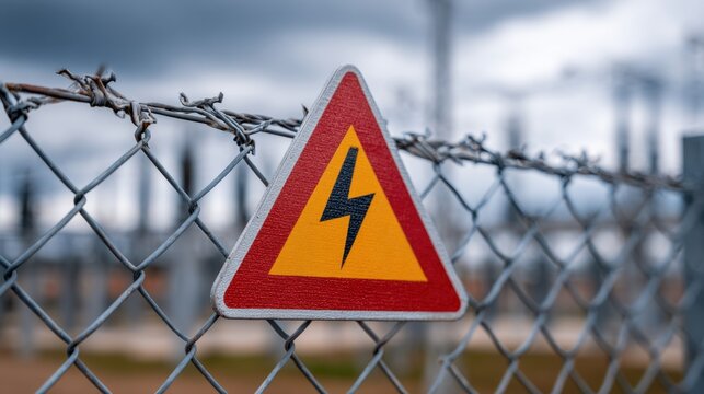 High voltage warning sign on chain link fence with electric substation background