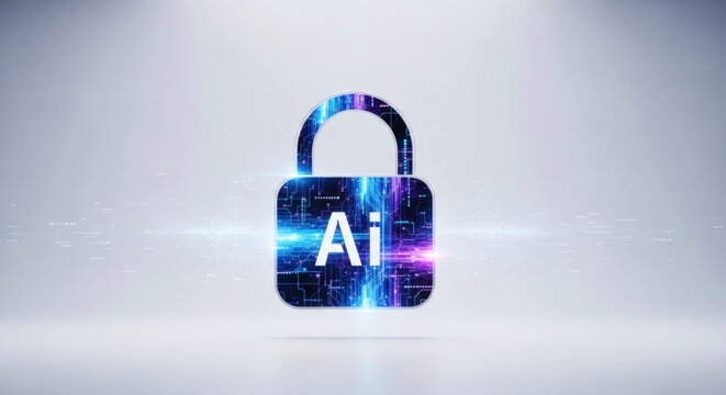 Artificial Intelligence Security Symbol Concept Digital Lock with AI and Circuitry