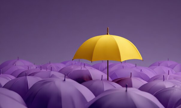 A single bright yellow umbrella stands out from a sea of purple umbrellas representing individuality and difference