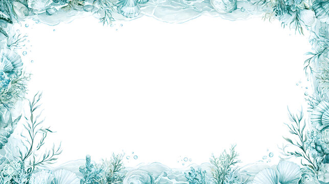 Aqua ocean border frame, delicate waves, seashells, coral, tiny bubbles and elegant seaweed arranged around the edges, soft aqua and turquoise palette.