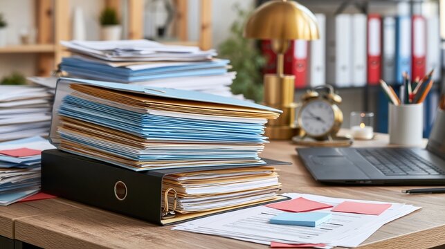 cluttered wooden desk piled high with folders papers
