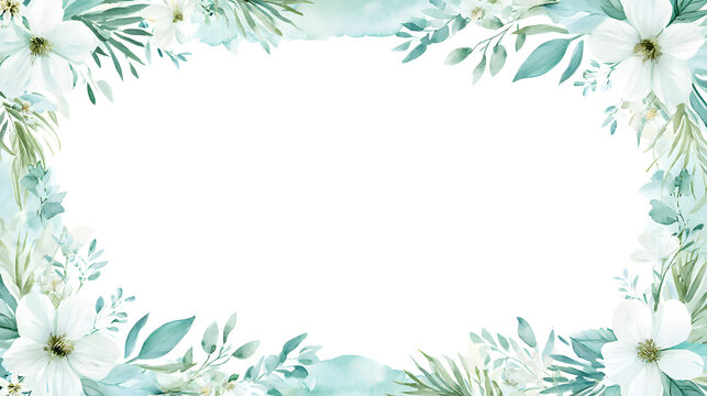 Aqua ocean border frame, delicate waves, seashells, coral, tiny bubbles and elegant seaweed arranged around the edges, soft aqua and turquoise palette.